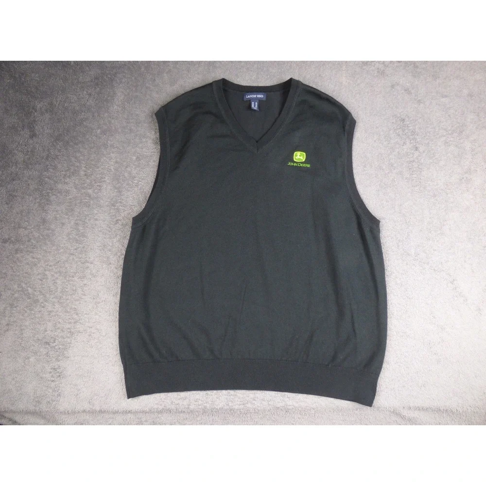 John Deere Mens XL Black V-Neck Sweater Vest Acrylic Nylon Knit Pullov Lands End